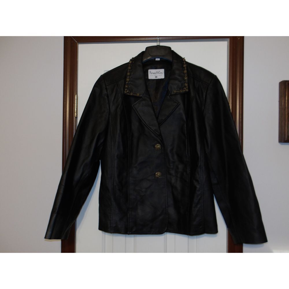 Pamela McCoy Black Leather Blazer with Beaded‎ Collar Detail Vintage Style